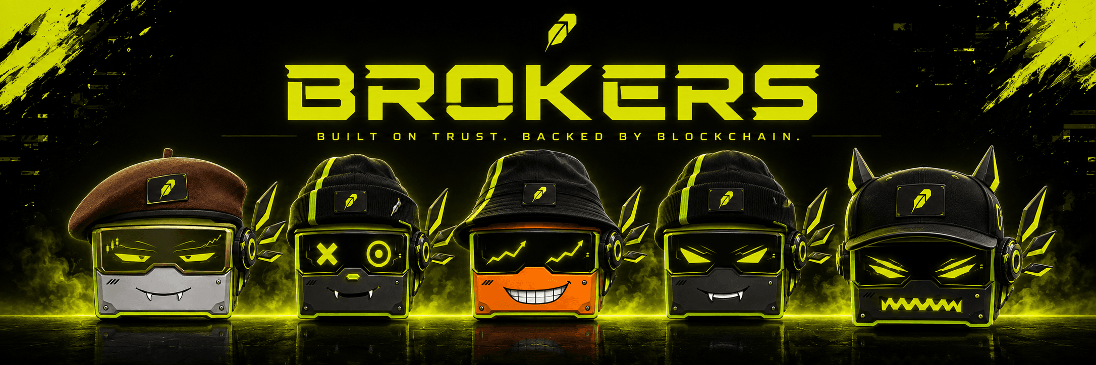 BROKERS collection banner with neon market characters